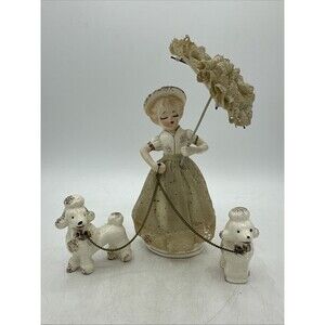 Vintage Lady with Umbrella Poodles On Chain Japan 1950s Porcelain
